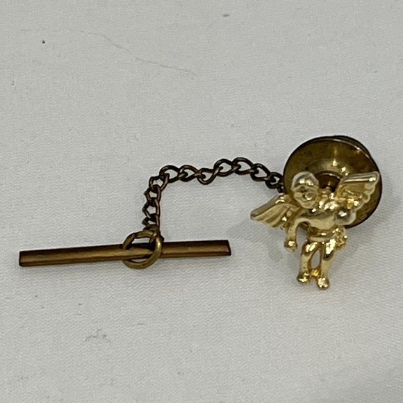 Vintage Other - Vintage Gold Tone Winged Angel Tie Tack With Chain Guardian Angel Cherub